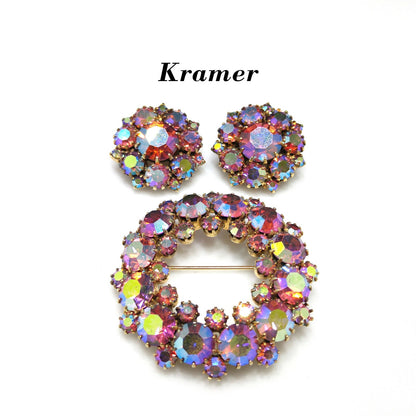 Kramer Pink Brooch Clip Earrings, Aurora Borealis, 1960s Vintage Jewelry