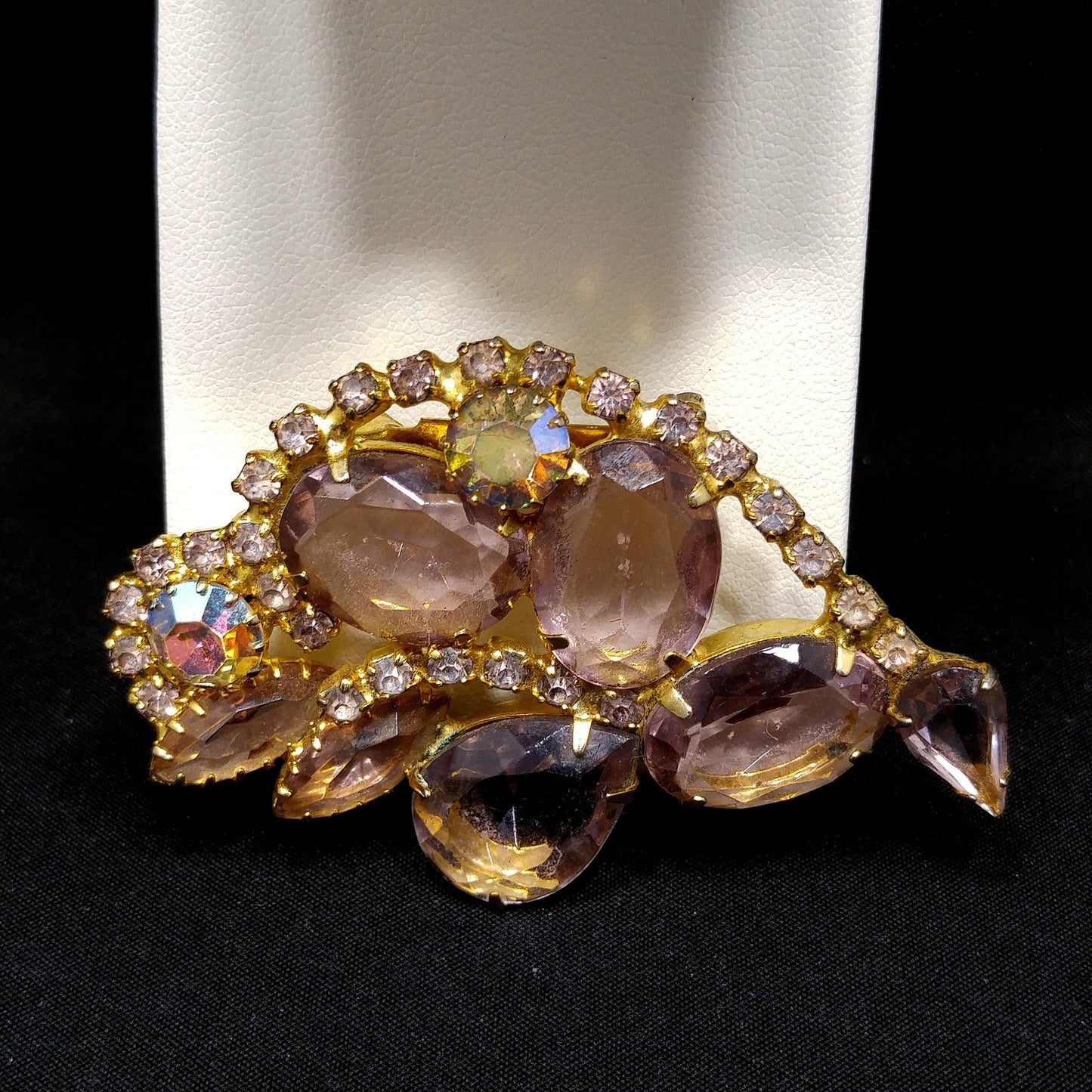 Lavender Rhinestone Brooch & Earrings, Aurora Borealis, 1960s Vintage Jewelry