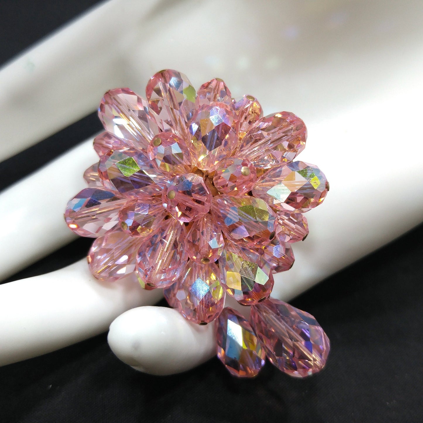 Pink Aurora Borealis Beaded Brooch, Three Bead Dangles, 1960s Vintage Jewelry