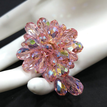 Pink Aurora Borealis Beaded Brooch, Three Bead Dangles, 1960s Vintage Jewelry