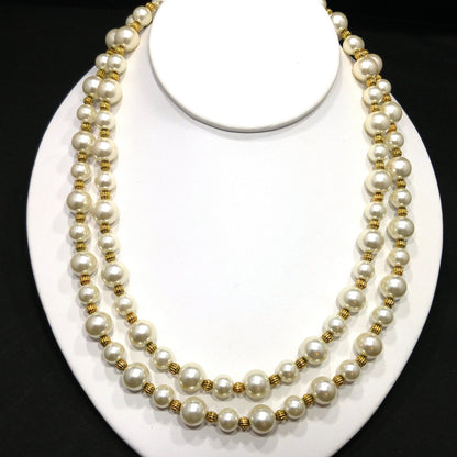 Jackie Kennedy JBK Faux Pearl Necklace – Double Strand Gold Spacers, 1980s Vintage
