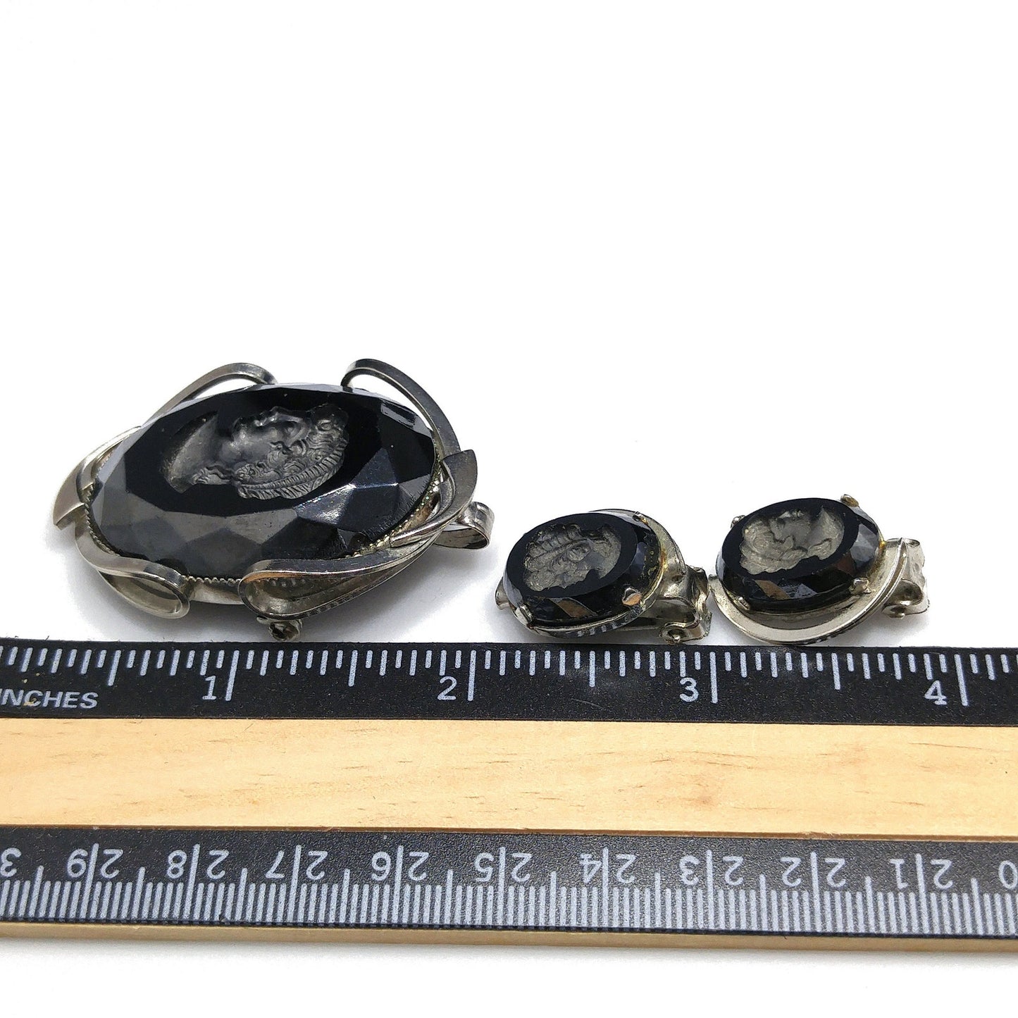 Black Glass Intaglio Cameo Brooch & Clip Earrings, 1960s Vintage Jewelry