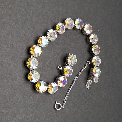 Weiss Style Aurora Borealis Crystal Bracelet, Rhodium Plated, Safety Chain, Vintage Jewelry