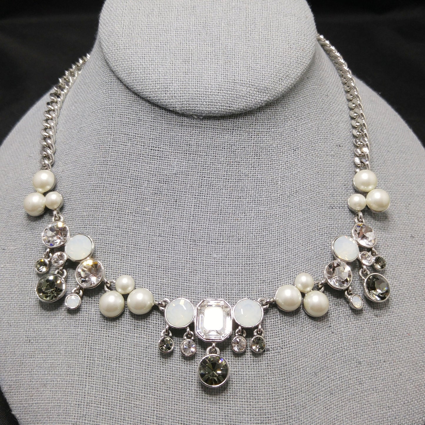 Vintage Givenchy Faux Pearl Rhinestone Necklace, Rhodium Plated, 1990s Jewelry