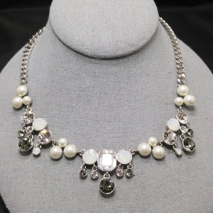 Vintage Givenchy Faux Pearl Rhinestone Necklace, Rhodium Plated, 1990s Jewelry