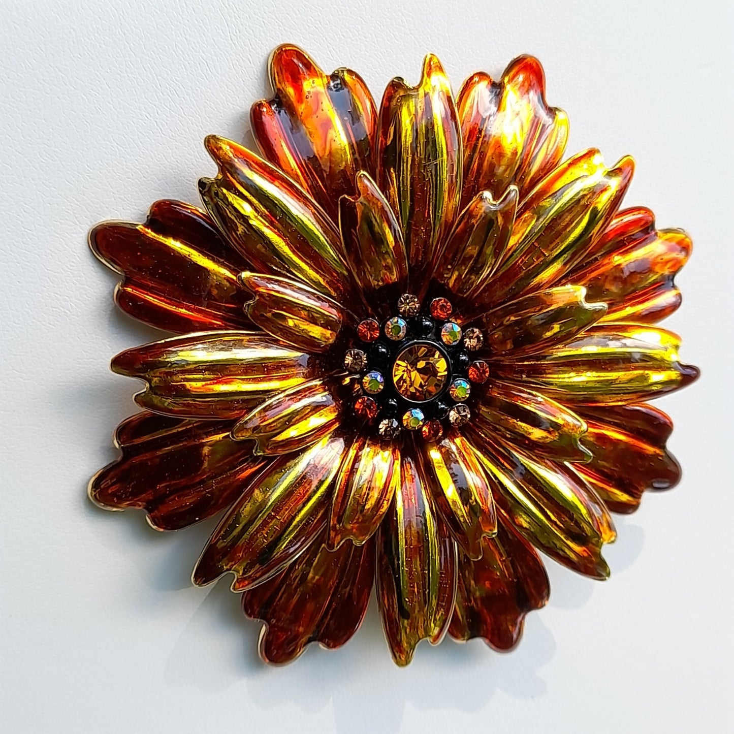 Joan Rivers Orange Gold Plated Floral Brooch, Rhinestone Center, 1990s