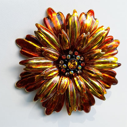 Joan Rivers Orange Gold Plated Floral Brooch, Rhinestone Center, 1990s
