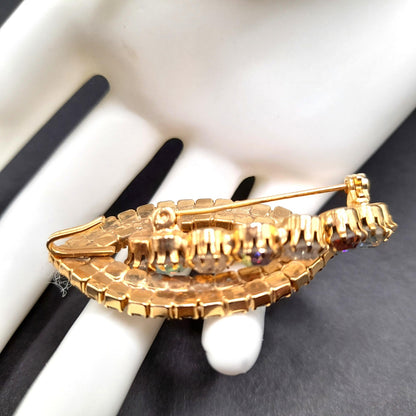 Mid-Century Aurora Borealis Pendant Brooch, Gold Plated, Prong Set Stones, 1960s Vintage Jewelry