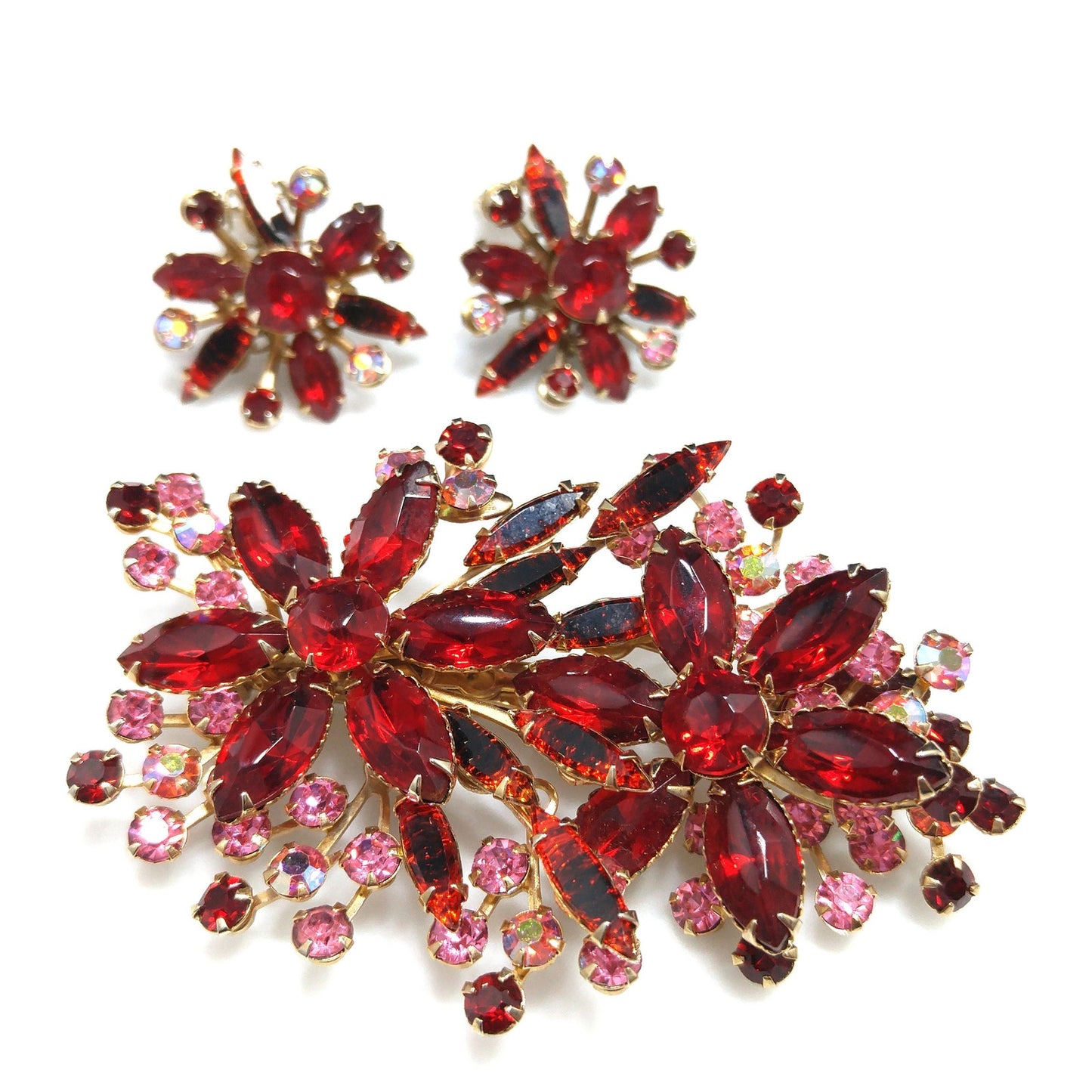 Red Floral Rhinestone Brooch Earrings Set, Aurora Borealis Pink, 1950s Vintage Jewelry