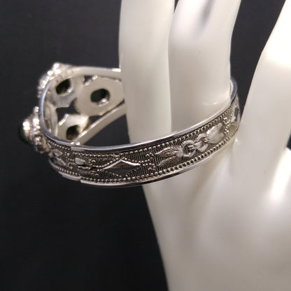 Whiting & Davis Cuff Bracelet, Gold Foil Rainbow Cabochons, Rhodium Plated, 1970s Vintage Jewelry