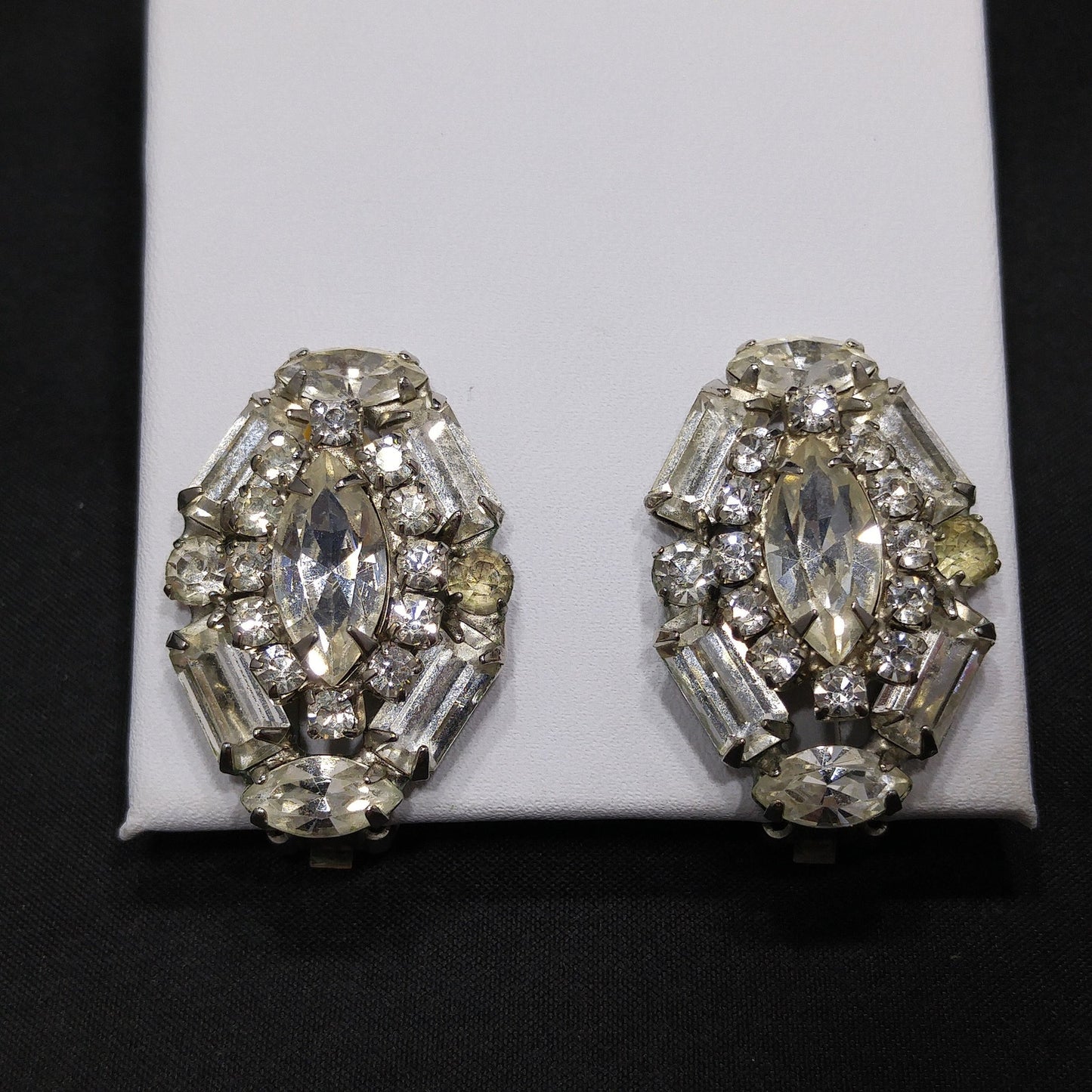 Weiss 1940s–50s Clear Rhinestone Clip-On Earrings | Marquise & Emerald Cut Vintage Bridal Jewelry