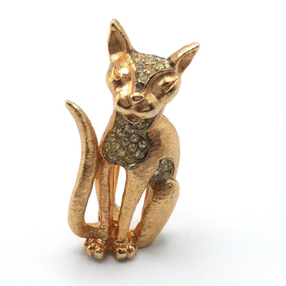 Eisenberg Pave Rhinestone Cat Brooch, Gold Plated, 1950s Vintage Jewelry