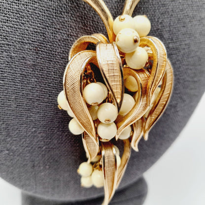 Vintage Articulated Fruit Pendant Gold Tone White Bead Necklace, 24 Inches