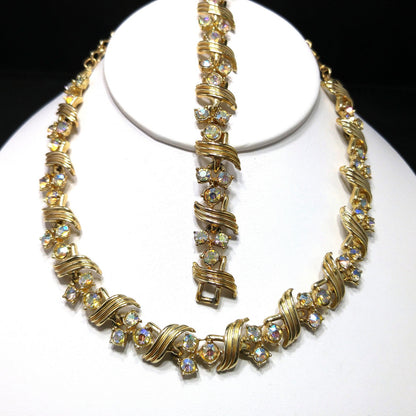 Vintage Aurora Borealis Rhinestone Necklace Bracelet Set, Gold Plated, 1960s Vintage Jewelry