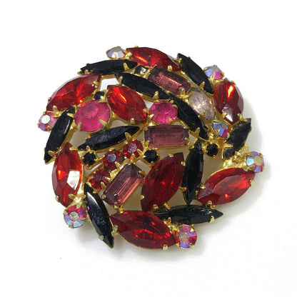 Red & Purple Juliana Style Brooch, Gold Plated, 1960s Vintage Jewelry