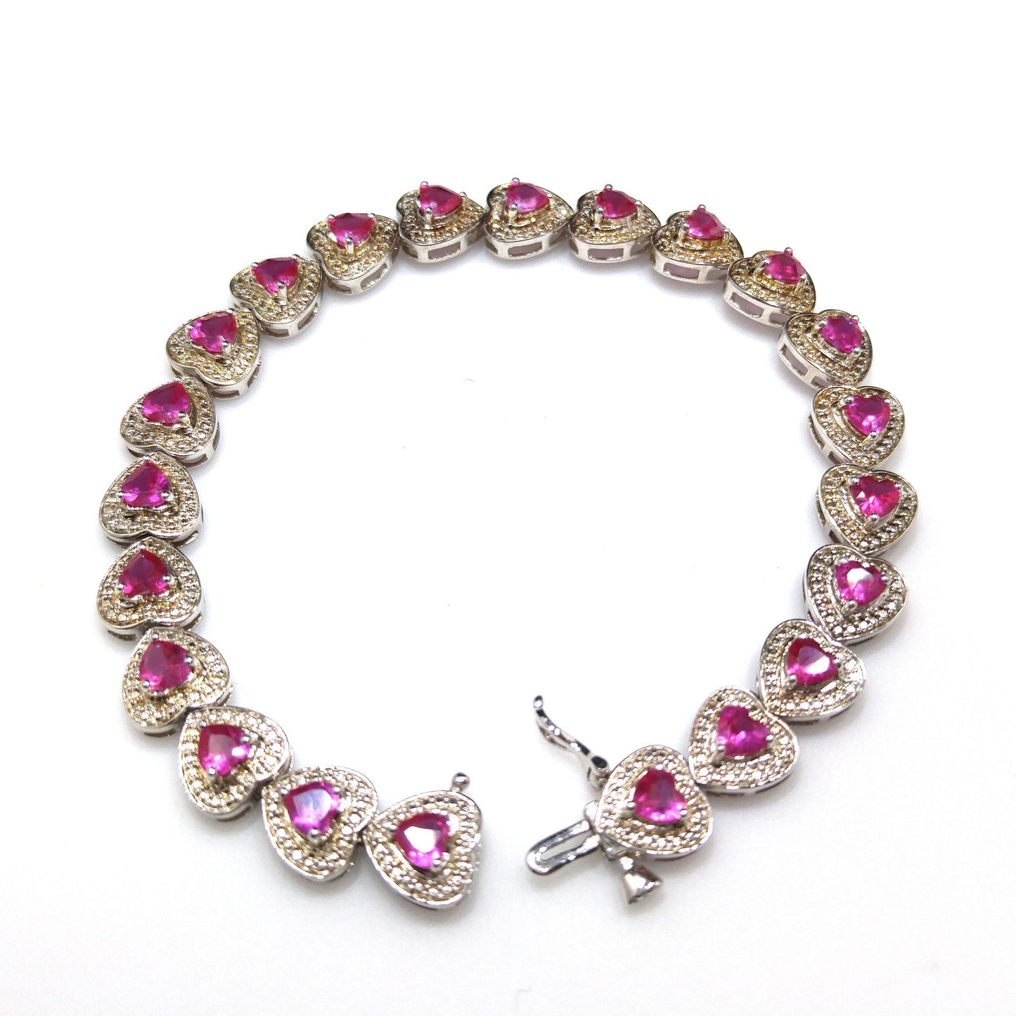 Vintage 925 Silver Ruby Heart Tennis Bracelet Pink Gemstone 7.25” Valentine Gift