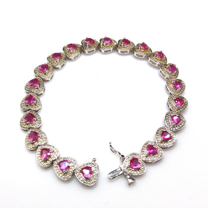 Vintage 925 Silver Ruby Heart Tennis Bracelet Pink Gemstone 7.25” Valentine Gift