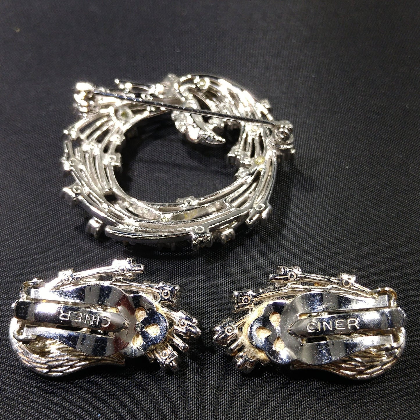 Ciner Clear Rhinestone Brooch & Earrings, Rhodium Plated, 1950s Vintage Jewelry
