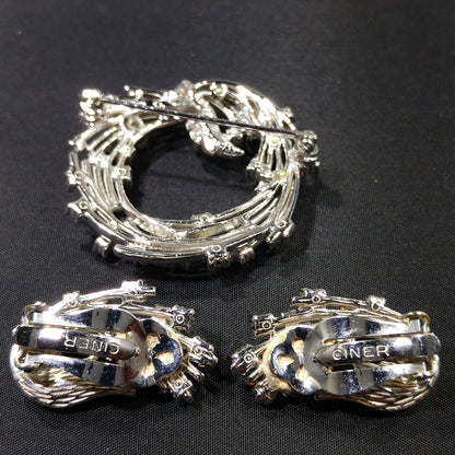Ciner Clear Rhinestone Brooch & Earrings, Rhodium Plated, 1950s Vintage Jewelry