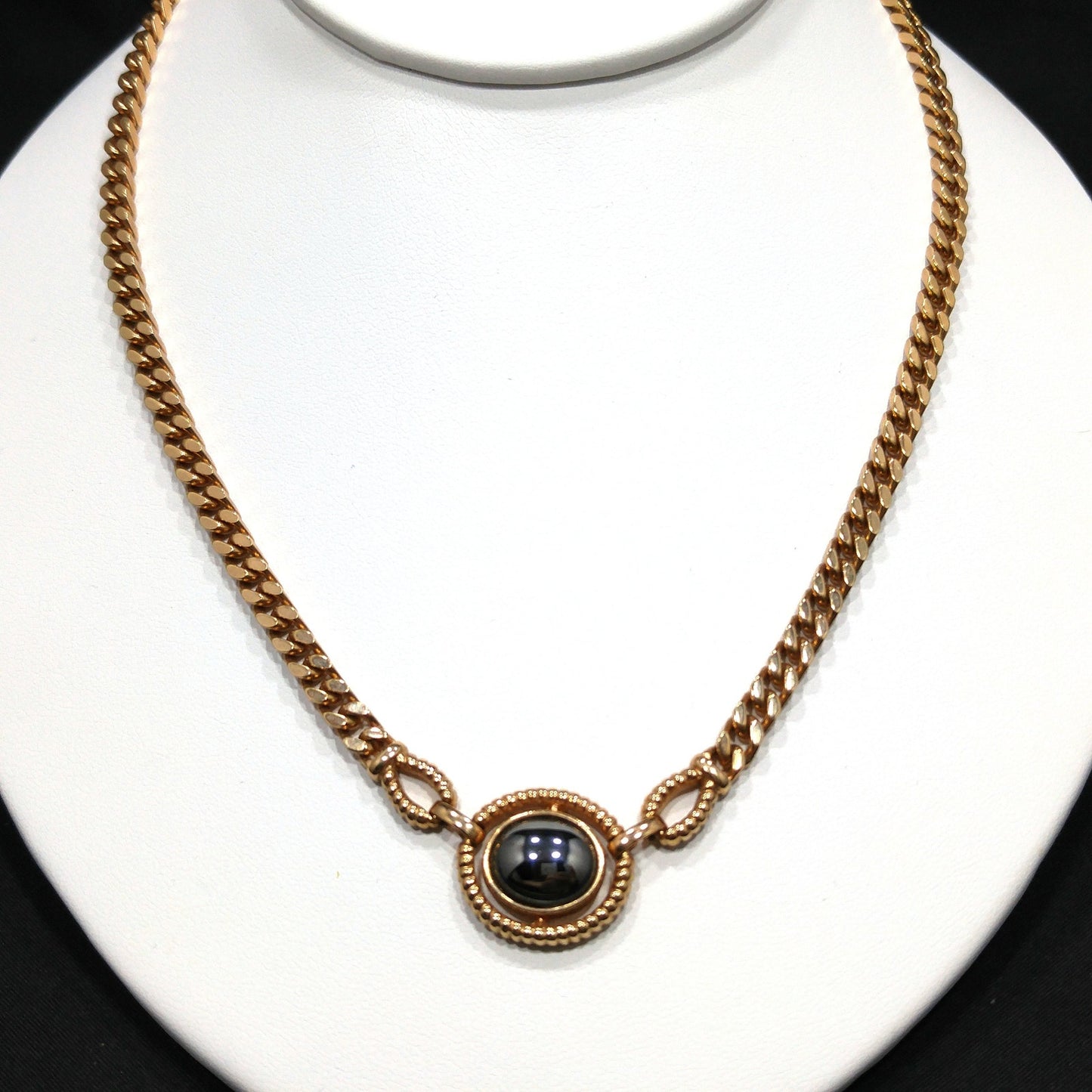 Louis Feraud Paris Gold Plated Pendant Necklace, Hematite Pendant, 1970s Vintage Jewelry