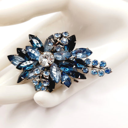 Vintage Blue Rhinestone Floral Spray Brooch, Sapphire Clear Stones, 1950s Jewelry