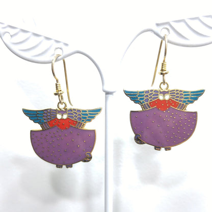 Laurel Burch "Angelicat" Earrings, Gold Plated Cloisonne & Enamel, 1980s