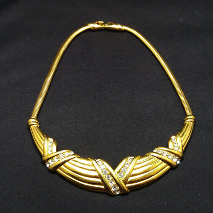 Monet Rhinestone Necklace, Gold Plated Snake Chain, 1960s Vintage Jewelry