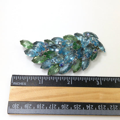 Turquoise & Green Rhinestone Brooch, Rhodium Plated, 1960s Vintage Jewelry