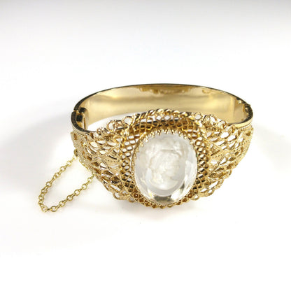 Whiting & Davis Cameo Intaglio Hinged Bracelet, Gold Plated, 1960s Vintage Jewelry