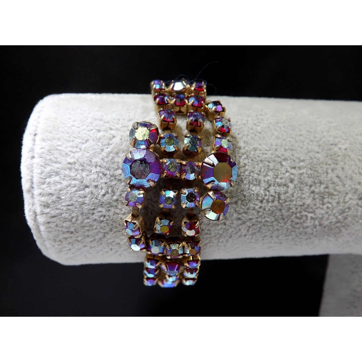 Red Aurora Borealis Bracelet Clip Earrings Set, 1960s Vintage Jewelry