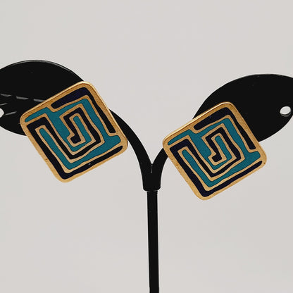 Laurel Burch “Mystery” Earrings – Vintage Enamel Geometric Post Earrings, Signed