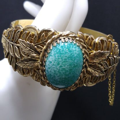 Whiting & Davis Gold Tone Cuff Bracelet Peking Glass Cabochon Leaves Vintage