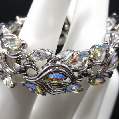 Crown Trifari Wedding Rhinestone Bracelet, Rhodium Plated, Aurora Borealis, 1960s Vintage Jewelry