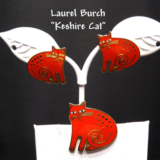Laurel Burch "Keshire Cat" Red Enamel Brooch & Post Earrings, Gold Plated Cloisonne