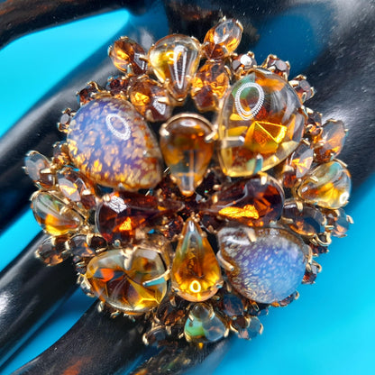 Vintage Weiss Brooch, Art Glass Cabochons, Gold Plated, 1960s Jewelry
