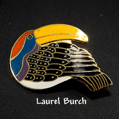 Laurel Burch Toucan Brooch, Gold Plated Cloisonne & Enamel, 1980 Vintage Jewelry
