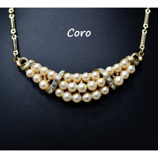 Coro Faux Pearl Baguette Rhinestones Necklace, Gold Plated, 1940s Vintage Jewelry