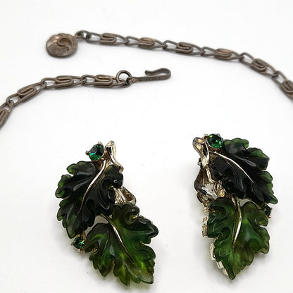 Vintage Lisner Rhinestone Lucite Necklace Earrings Set, Green Molded Leaves Jewelry, 1960s