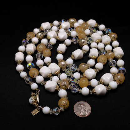 Vendome Long Beaded Crystal & Glass Necklace, Aurora Borealis, Gold Plated, 1960s Vintage Jewelry