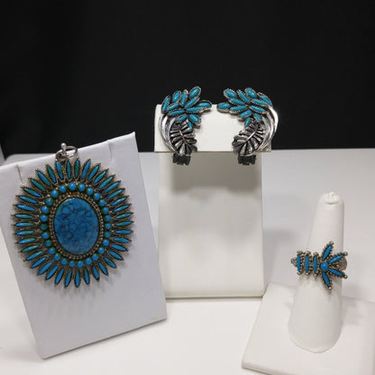 Vintage Southwestern Faux Turquoise Jewelry Set Pendant Ring Earrings 1970s