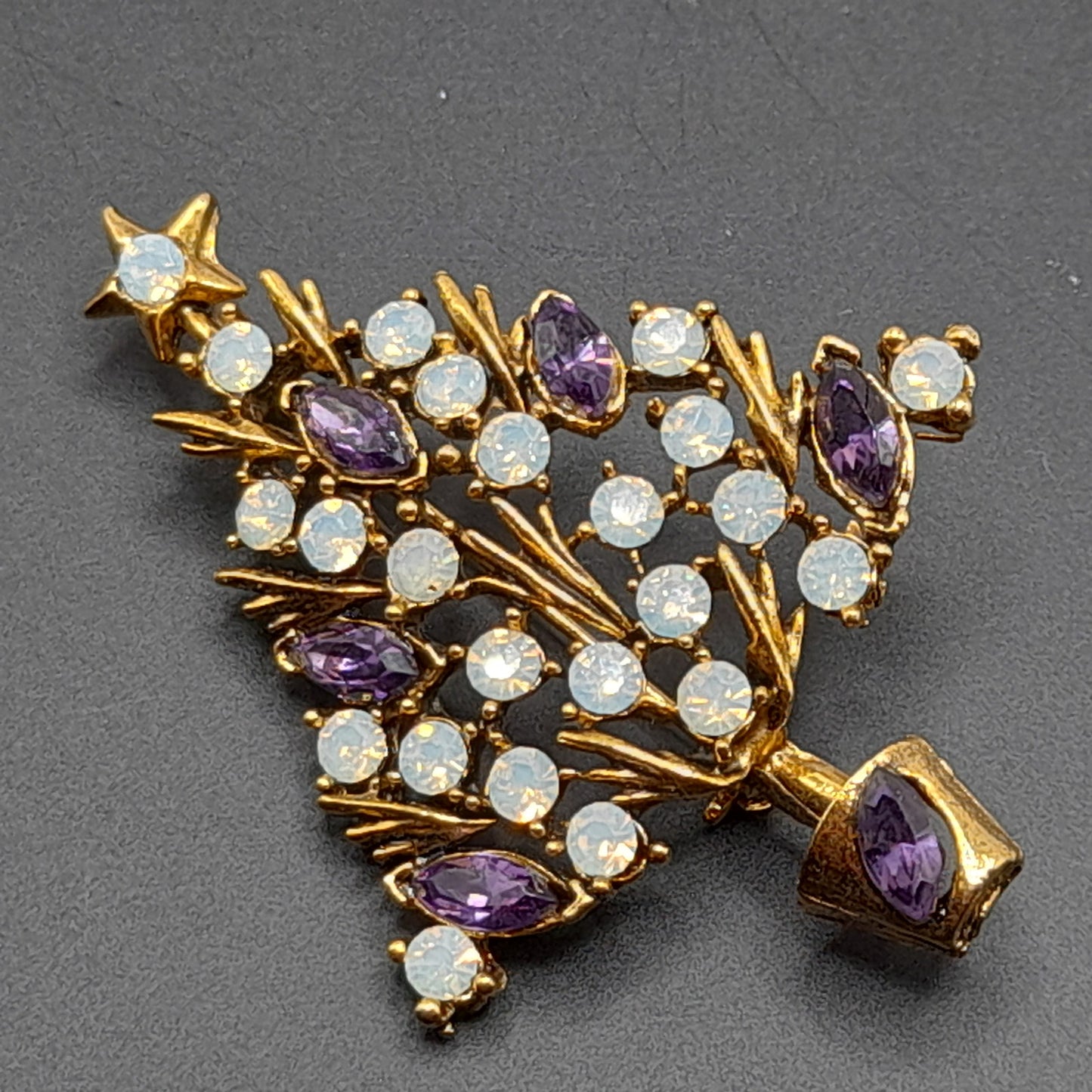 WEISS Opalescent & Purple Rhinestone Christmas Tree Brooch Vintage Holiday Pin