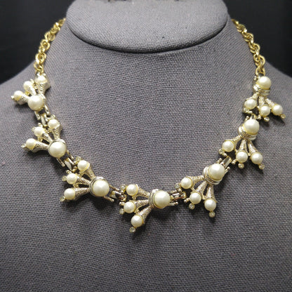 Kramer Faux Pearl Necklace Clip Earrings Set, 1960s Vintage Jewelry
