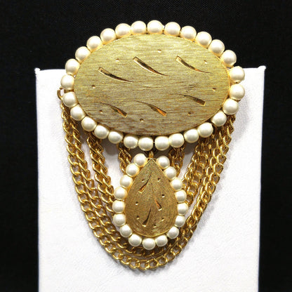 Kramer Gold Plated Dangle Brooch, Faux Pearls, 1950s Vintage Jewelry