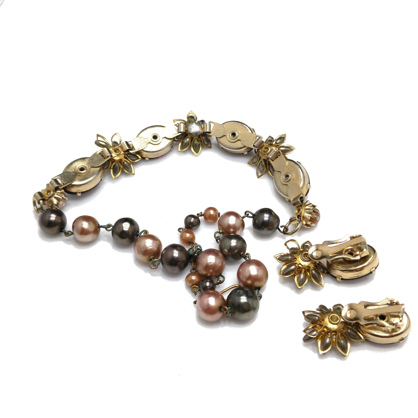Purple Rhinestone Floral Necklace Earrings, Faux Pearls, 1950s Vintage Jewelry