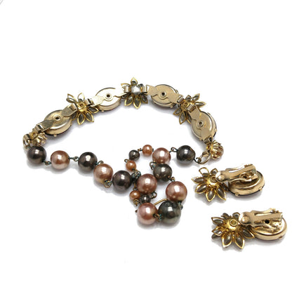 Purple Rhinestone Floral Necklace Earrings, Faux Pearls, 1950s Vintage Jewelry