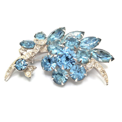 Eisenberg Ice Light Blue Floral Brooch, Rhodium Plated, 1960s Vintage Jewelry