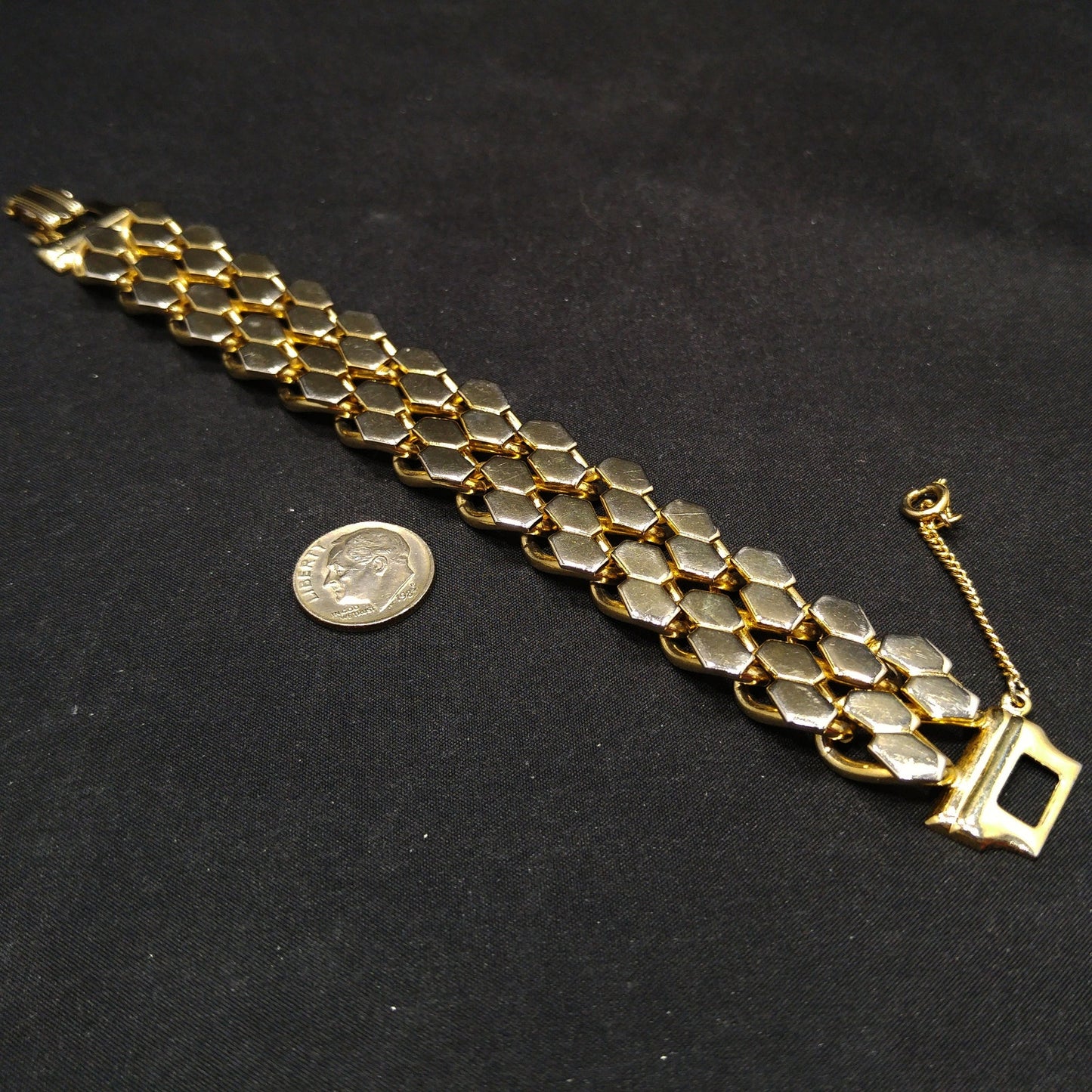 Snake Pattern Gold Plated Bracelet, Safety Chain, 1960s Vintage Jewelry