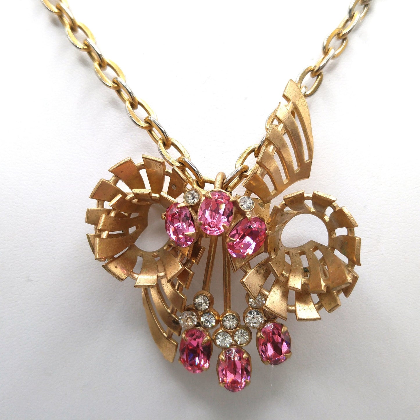Pink Rhinestone Brooch Pendant Necklace, Gold Plated Pendant Brooch Combo, 1940s Vintage Jewelry
