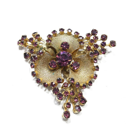 Purple Rhinestone Flower Brooch, Gold Plated, 1950s Vintage Jewelry