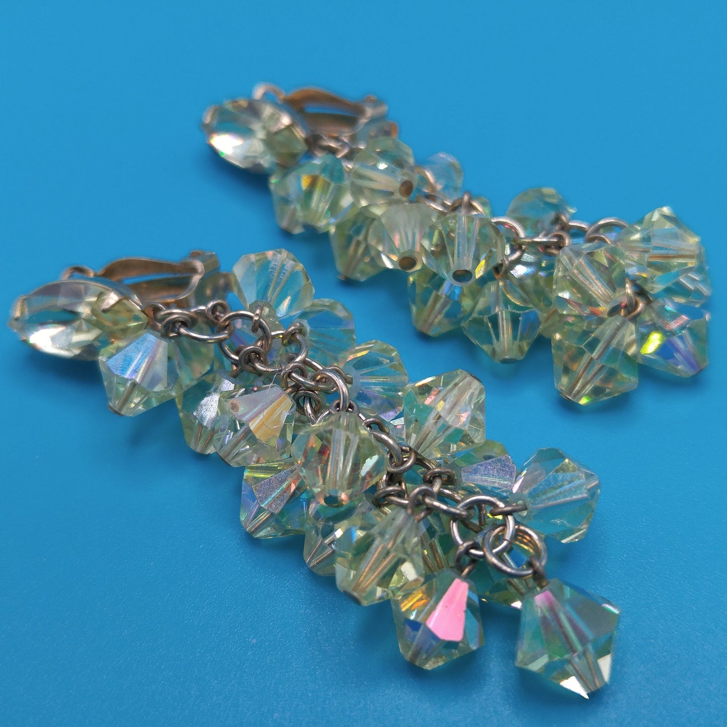 Lewis Segal Yellow Drop Clip Earrings, Aurora Borealis, 1960s Vintage Jewelry